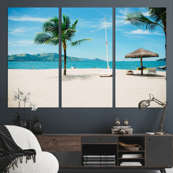 42623350-MGV-CV-48X32-3P-Tropical Beach Wall Art Canvas Print, Framed Palm Tree Art Picture Print, Ocean View Perfect Tropical Coastal Decor Artwork