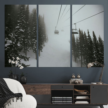 87018452-MGV-CV-48X32-3P-Ski Lift Wall Art Canvas Print, Framed Snowy Pines Art Picture Print, Misty Landscape Perfect Winter Serenity Decor Artwork