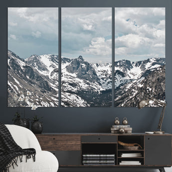 94074619-MGV-CV-48X32-3P-Snowy Peaks Wall Art Canvas Print, Framed Alpine Wilderness Art Picture Print, Mountain Escape Perfect Winter Serenity Decor