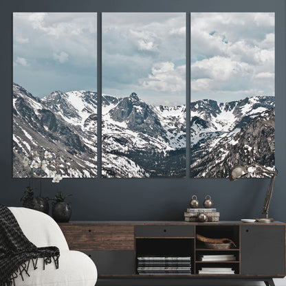94074619-MGV-CV-48X32-3P-Snowy Peaks Wall Art Canvas Print, Framed Alpine Wilderness Art Picture Print, Mountain Escape Perfect Winter Serenity Decor
