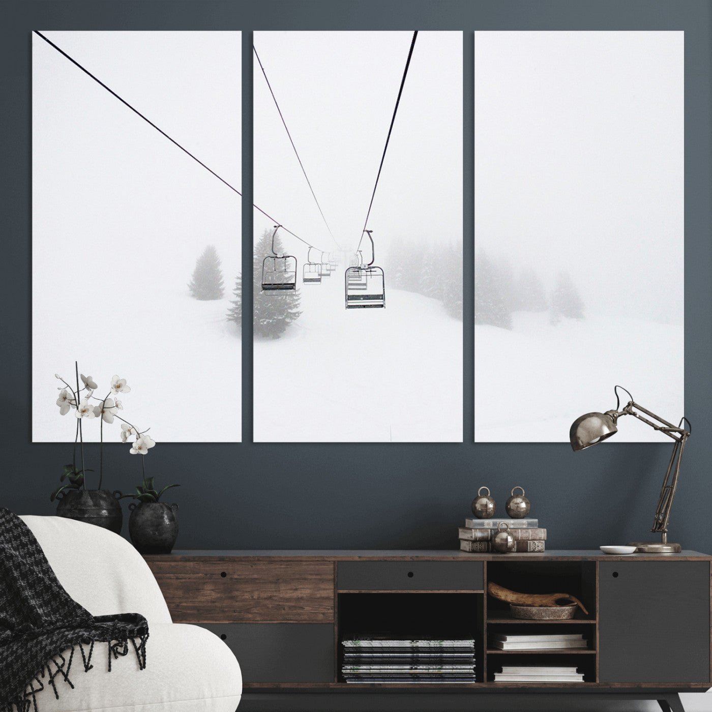 20216390-MGV-CV-36X24-Ski Lift Wall Art Canvas Print, Framed Snowy Landscape Art Picture Print, Alpine Adventure Perfect Nordic Minimalist Decor Artwork