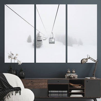 20216390-MGV-CV-36X24-Ski Lift Wall Art Canvas Print, Framed Snowy Landscape Art Picture Print, Alpine Adventure Perfect Nordic Minimalist Decor Artwork