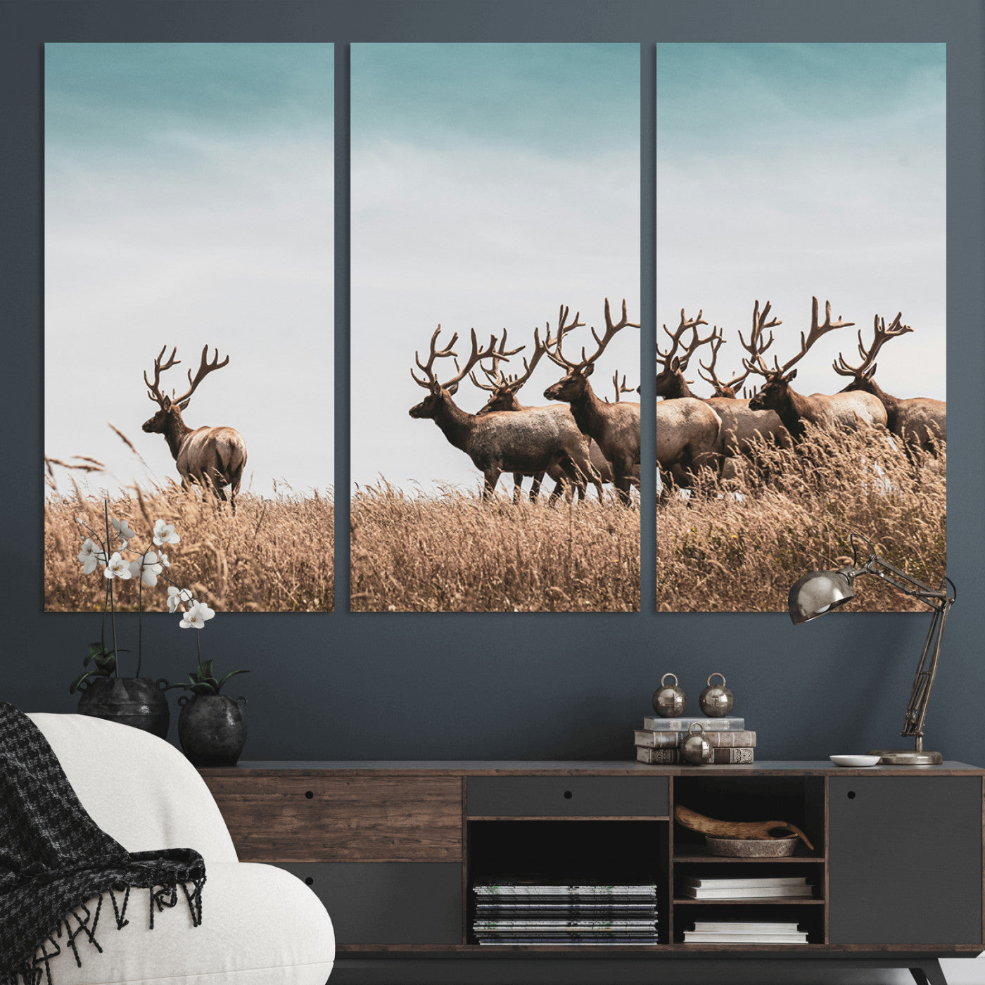 81594705-MGV-CV-48X32-3P-Elk Herd Wall Art Canvas Print, Framed Wildlife Photography Art Picture Print, Rustic Nature Print Perfect Rustic Wildlife Decor