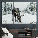 13316292-MGV-CV-48X32-3P-Moose in Snow Wall Art Canvas Print, Framed Winter Wildlife Art Picture Print, Snowy Forest Scene Perfect Rustic Lodge Decor