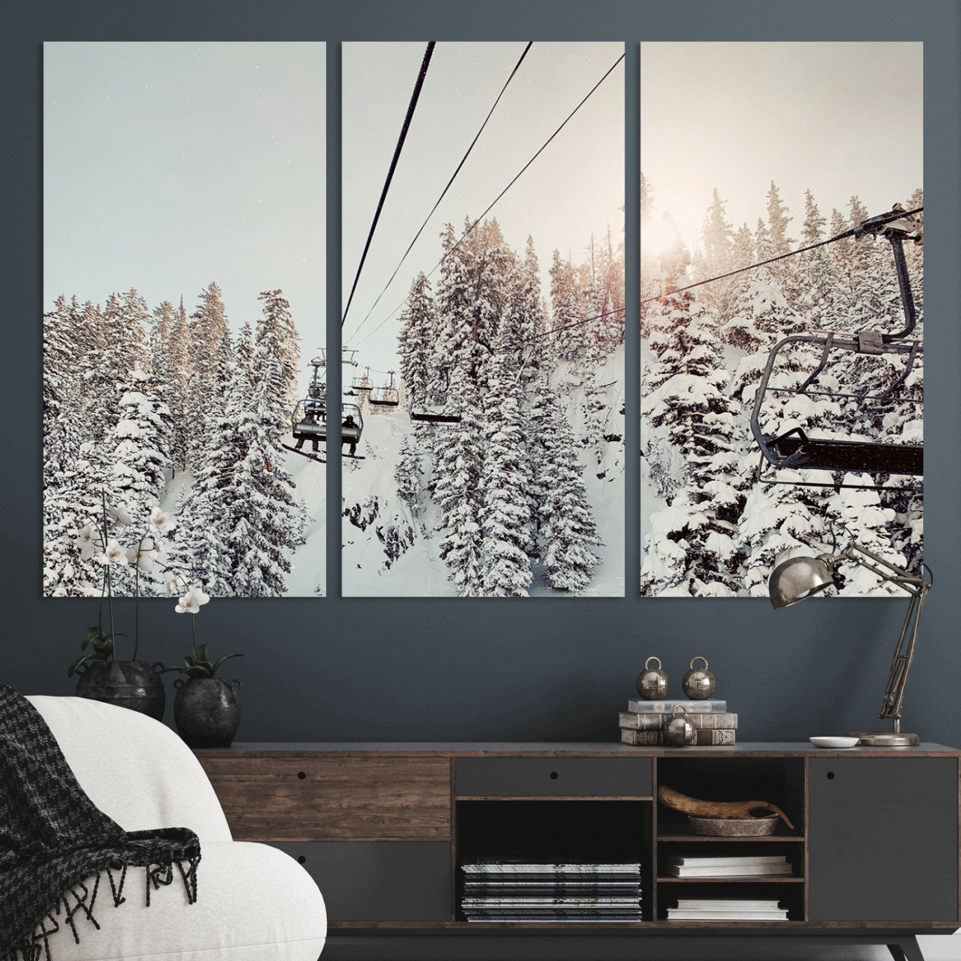 91534512-MGV-CV-36X24-Frosty Pines Wall Art Canvas Print, Framed Cozy Cabin View Art Picture Print, Ski Lift Ride Perfect Rustic Lodge Decor Artwork