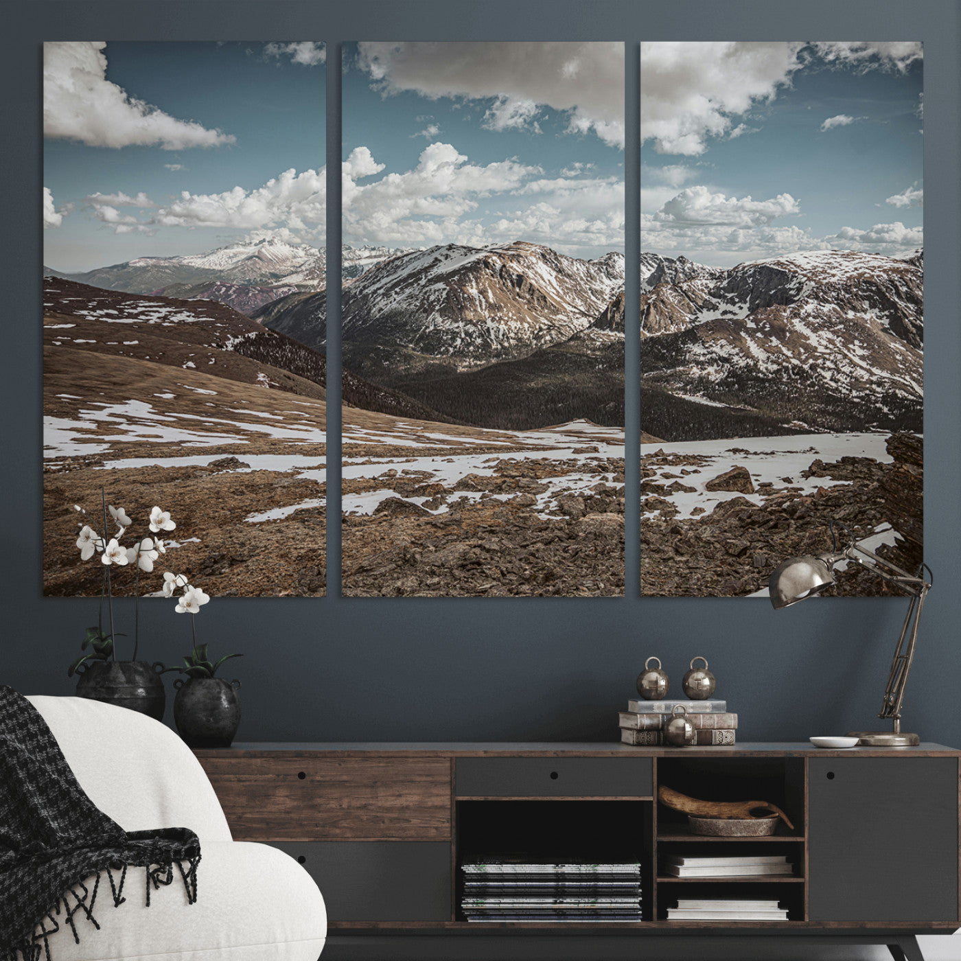 44565953-MGV-CV-48X32-3P-Mountain Landscape Wall Art Canvas Print, Framed Snowy Peaks Art Picture Print, Rugged Highlands Perfect Rustic Adventure Decor