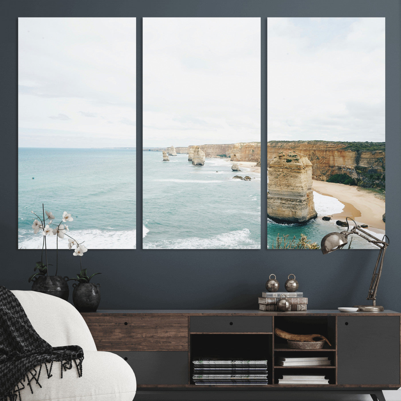 70095633-MGV-CV-36X24-Twelve Apostles Wall Art Canvas Print, Framed Coastal Cliffs Art Picture Print, Rugged Rock Formations Perfect Minimalist Coastal