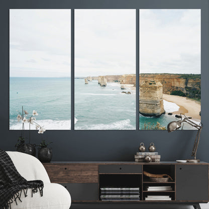 70095633-MGV-CV-36X24-Twelve Apostles Wall Art Canvas Print, Framed Coastal Cliffs Art Picture Print, Rugged Rock Formations Perfect Minimalist Coastal