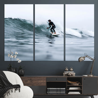 11693607-MGV-CV-48X32-3P-Surfer on Wave Wall Art Canvas Print, Framed Ocean Adventure Art Picture Print, Motion Blur Water Perfect Coastal Adventure Decor