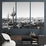 85205054-MGV-CV-48X32-3P-Saguaro Cactus Wall Art Canvas Print, Framed Monochrome Landscape Art Picture Print, Scenic Arizona View Perfect Minimalist