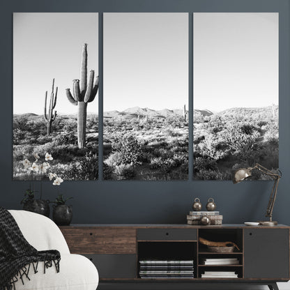 85205054-MGV-CV-48X32-3P-Saguaro Cactus Wall Art Canvas Print, Framed Monochrome Landscape Art Picture Print, Scenic Arizona View Perfect Minimalist