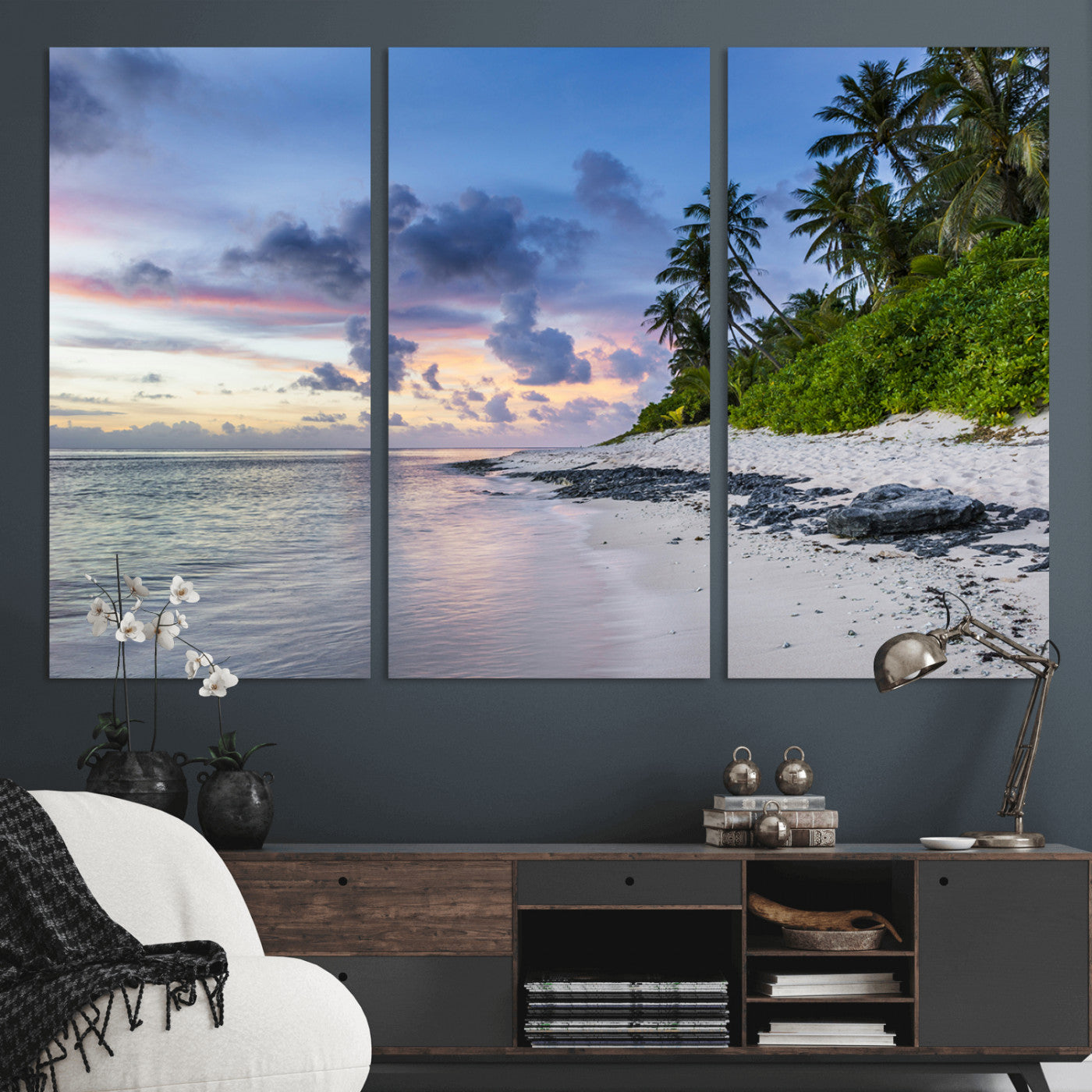 75045485-MGV-CV-48X32-3P-Tropical Beach Wall Art Canvas Print, Framed Sunset Glow Art Picture Print, Palm Tree Coast Perfect Tropical Coastal Decor Artwork