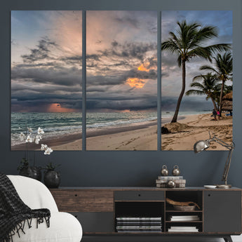 62574547-MGV-CV-48X32-3P-Tropical Storm Wall Art Canvas Print, Framed Moody Beach Art Picture Print, Dramatic Sky Perfect Tropical Coastal Decor Artwork