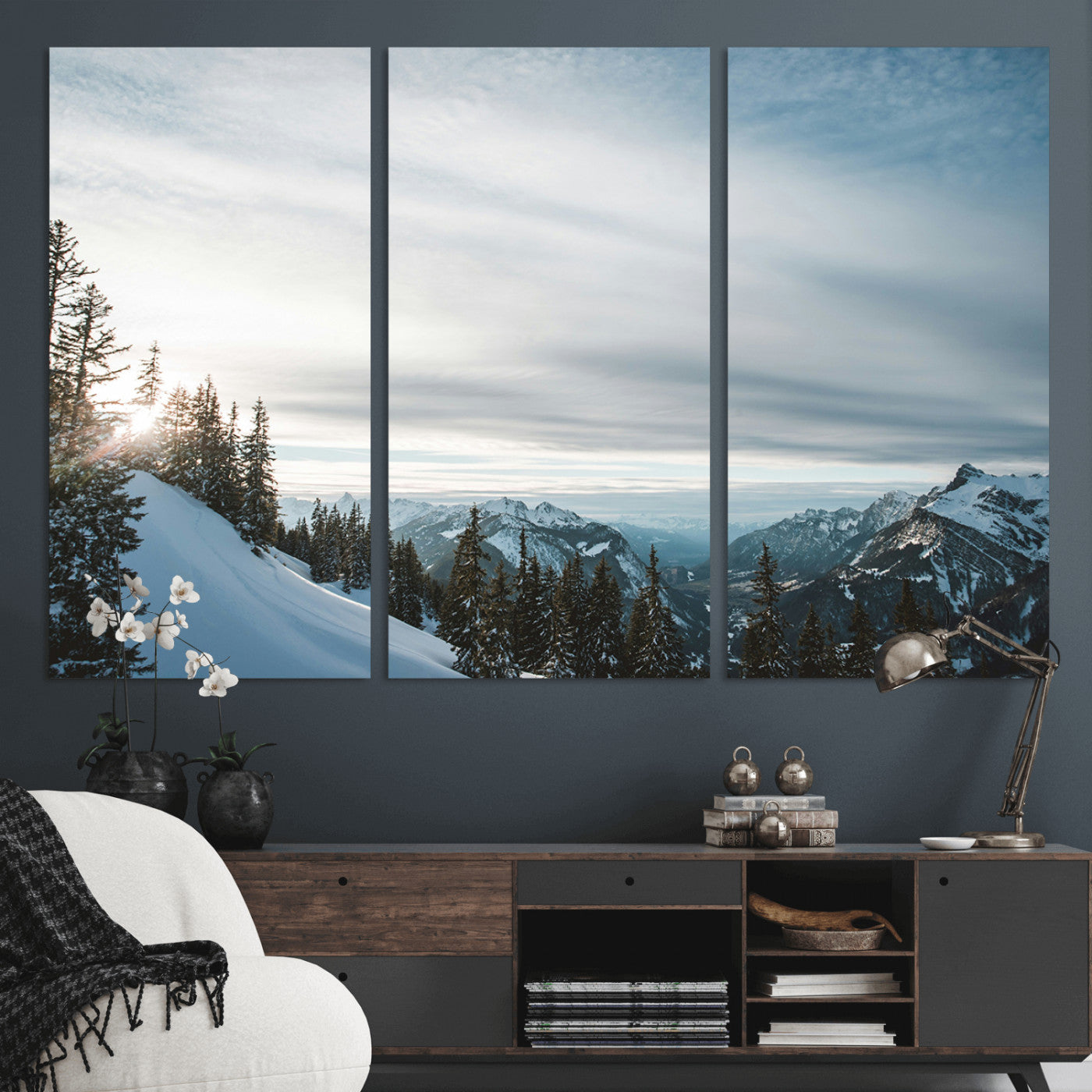 55564749-MGV-CV-48X32-3P-Snowy Mountains Wall Art Canvas Print, Framed Alpine Landscape Art Picture Print, Frosty Peaks Perfect Nordic Minimalist Decor
