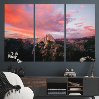 32786115-MGV-CV-48X32-3P-Half Dome Wall Art Canvas Print, Framed Yosemite National Park Art Picture Print, Dramatic Sunset Perfect Adventurous Wilderness