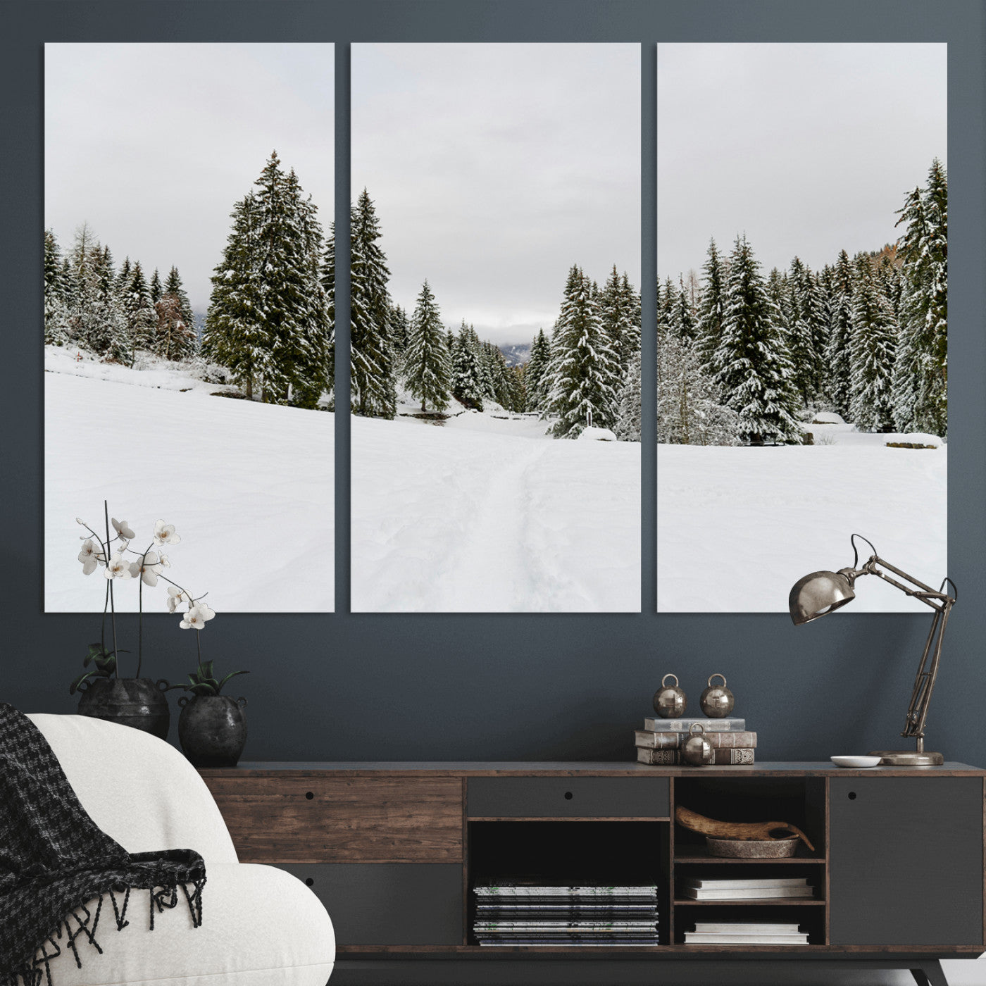 24581417-MGV-CV-36X24-Frosty Pines Wall Art Canvas Print, Framed Silent Snowfall Art Picture Print, Cozy Cabin Vibes Perfect Nordic Minimalist Decor