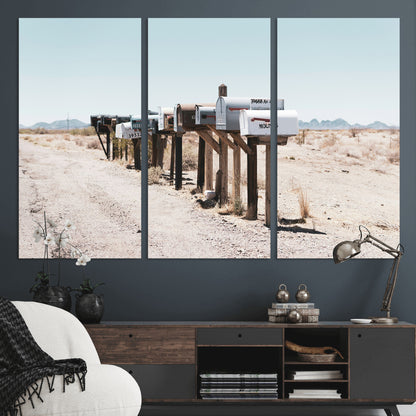 54616109-MGV-CV-36X24-Desert Mailboxes Wall Art – Rustic Rural Roadside Photography Canvas Print, American Southwest Landscape Home Decor for Living