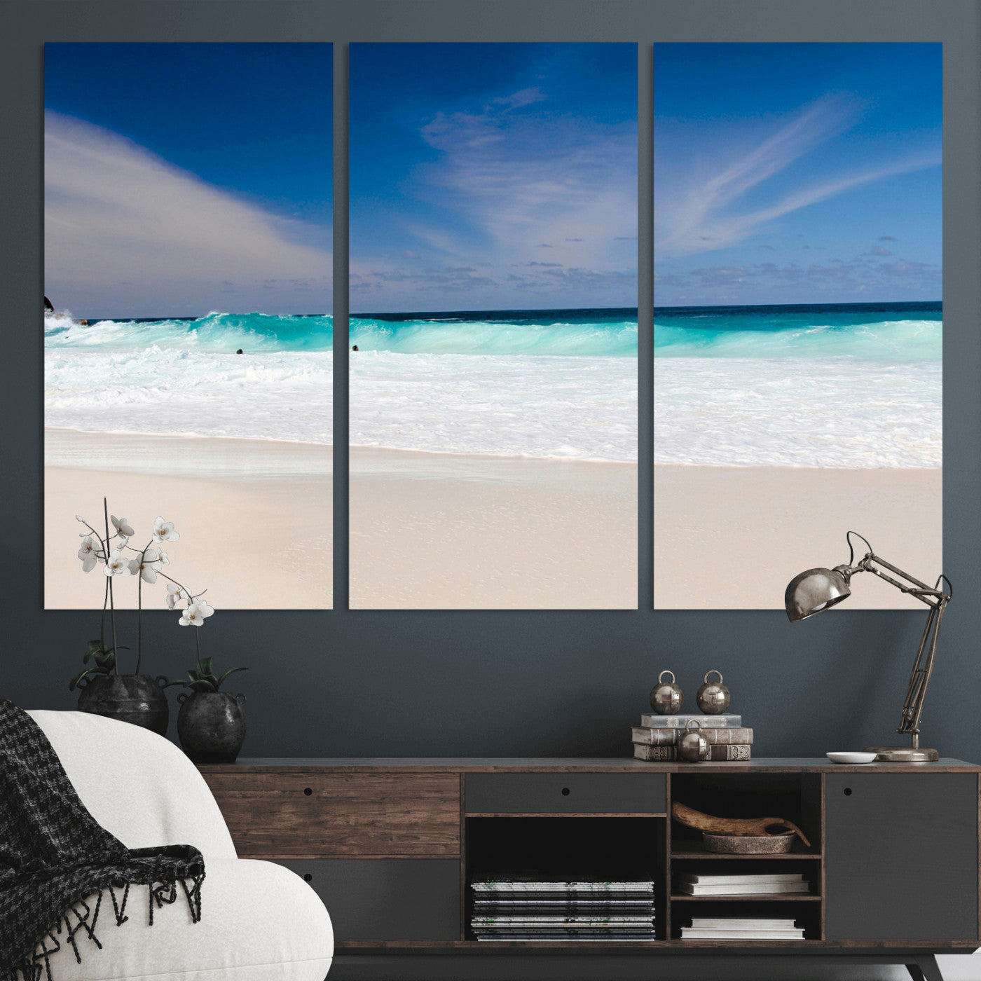 55017356-MGV-CV-36X24-Ocean Beach Wall Art – Turquoise Wave and White Sand Shoreline Canvas Print, Coastal Seascape Photography Decor for Living Room,