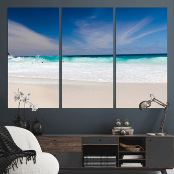 55017356-MGV-CV-36X24-Ocean Beach Wall Art – Turquoise Wave and White Sand Shoreline Canvas Print, Coastal Seascape Photography Decor for Living Room,