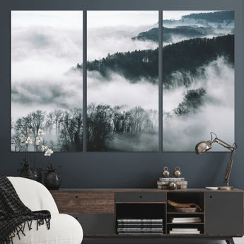 67569654-MGV-CV-36X24-Foggy Forest Wall Art – Mist Covered Hills and Trees Landscape Canvas Print, Moody Nature Photography Decor for Living Room,