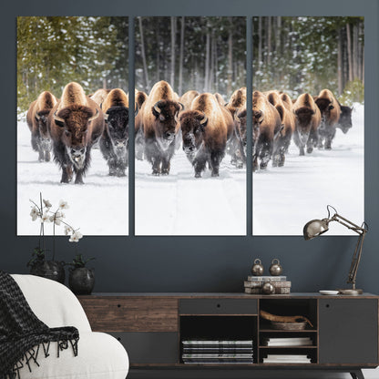 96906195-MGV-CV-36X24-Bison Herd Wall Art – American Buffalo Wildlife Photography Canvas Print, Winter Snow Scene Western Nature Decor for Living Room,