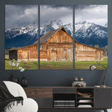 15173627-MGV-CV-36X24-Barn Wall Art – Rustic Wooden Cabin Canvas Print with Snowy Mountain Landscape, Western Farmhouse Country Decor for Living Room,