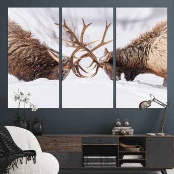 99240306-MGV-CV-36X24-Elk Wall Art – Two Bull Elk Fighting in Snow Canvas Print, Rustic Wildlife Artwork for Cabin, Lodge, Western Farmhouse, Nature &