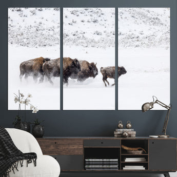61161423-MGV-CV-36X24-Running Bison Herd Wall Art – Winter Buffalo Canvas Print, Wildlife Photography Decor for Rustic Living Room, Farmhouse, Lodge,
