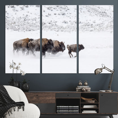 61161423-MGV-CV-36X24-Running Bison Herd Wall Art – Winter Buffalo Canvas Print, Wildlife Photography Decor for Rustic Living Room, Farmhouse, Lodge,