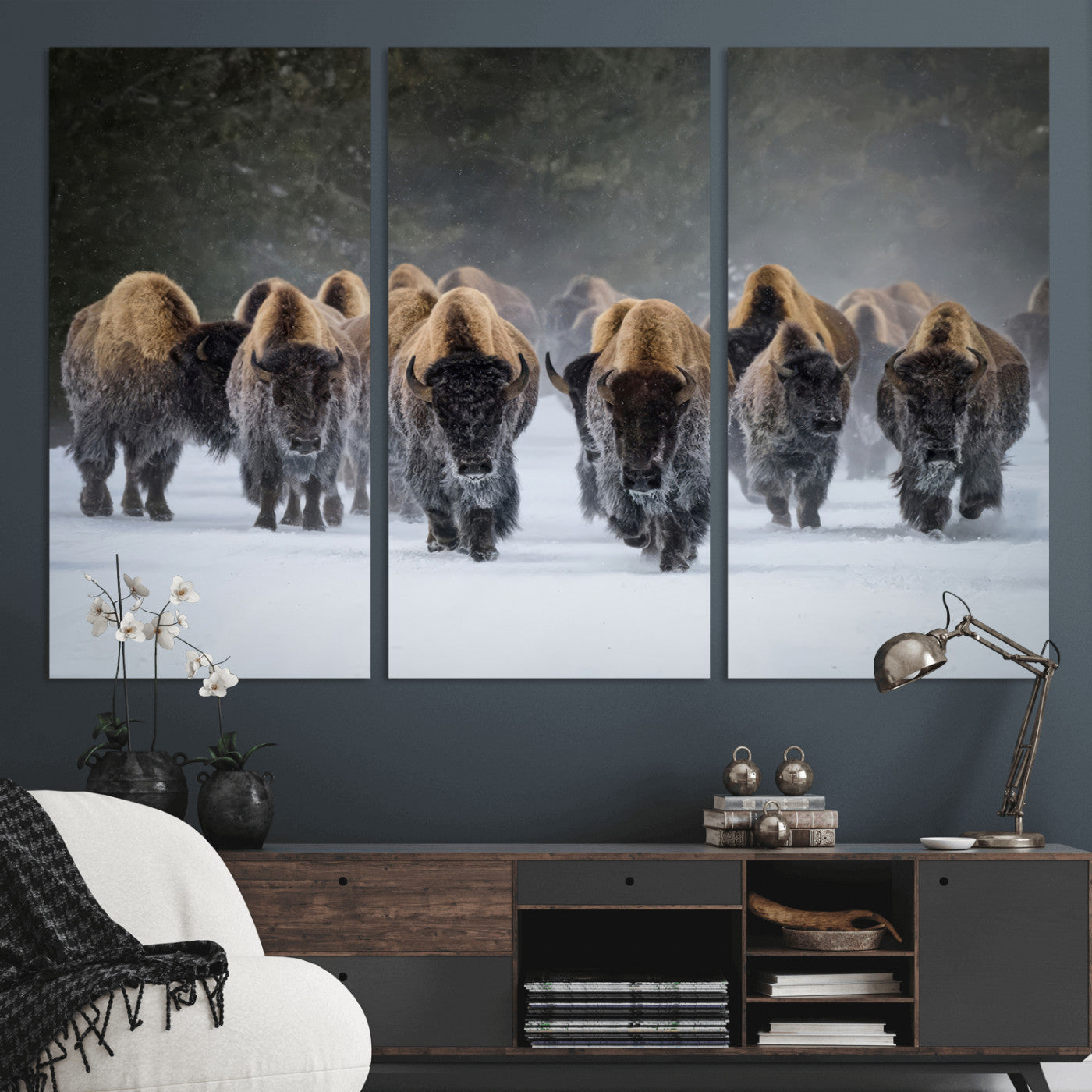 30332489-MGV-CV-36X24-Winter Bison Herd Wall Art – Powerful Buffalo Canvas Print, Rustic Wildlife Photography Decor for Farmhouse, Cabin, Lodge, Living