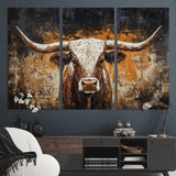 25265572-MGV-CV-36X24-Longhorn Bull Wall Art – Rustic Western Texas Steer Canvas Print, Textured Animal Painting for Home, Office, Man Cave or Farmhouse
