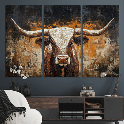 25265572-MGV-CV-36X24-Longhorn Bull Wall Art – Rustic Western Texas Steer Canvas Print, Textured Animal Painting for Home, Office, Man Cave or Farmhouse