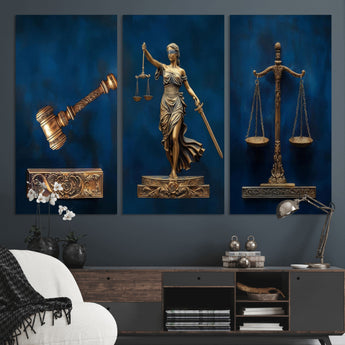 91629053-MGV-CV-36X24-Lady Justice Wall Art – Golden Gavel and Scales Canvas Print, Elegant Legal Office Decor for Lawyers, Judges, Courtroom or Study