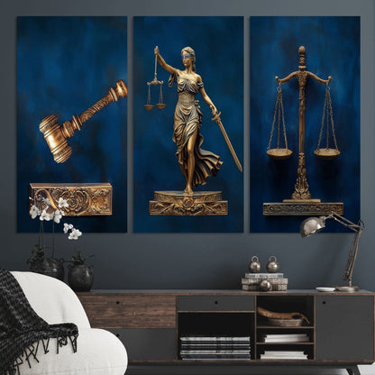 91629053-MGV-CV-36X24-Lady Justice Wall Art – Golden Gavel and Scales Canvas Print, Elegant Legal Office Decor for Lawyers, Judges, Courtroom or Study