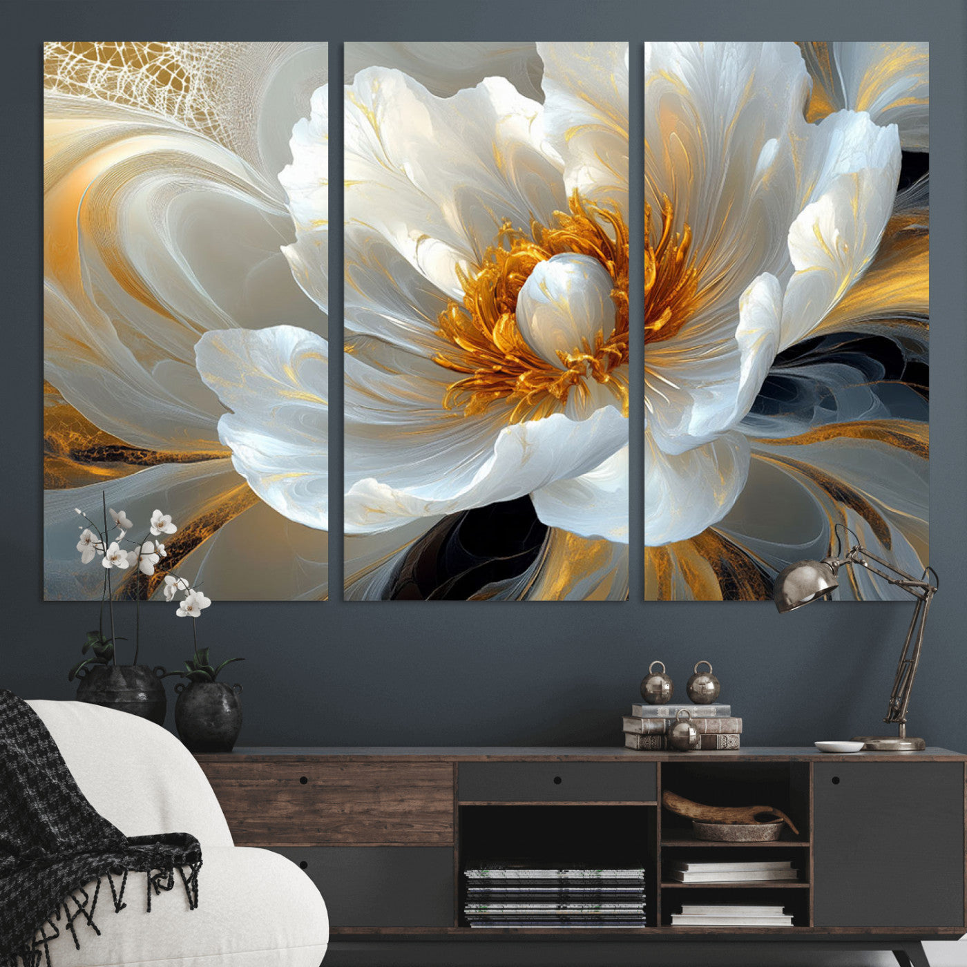 39604126-MGV-CV-36X24-Abstract Flower Wall Art – Elegant White and Gold Bloom Canvas Print, Modern Floral Artwork for Bedroom, Living Room, or Office