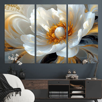 39604126-MGV-CV-36X24-Abstract Flower Wall Art – Elegant White and Gold Bloom Canvas Print, Modern Floral Artwork for Bedroom, Living Room, or Office