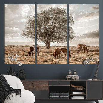 87590224-MGV-CV-36X24-Longhorn Cattle Wall Art – Rustic Western Landscape Canvas Print, Texas Farmhouse Prairie Scene for Living Room, Office, or Ranch
