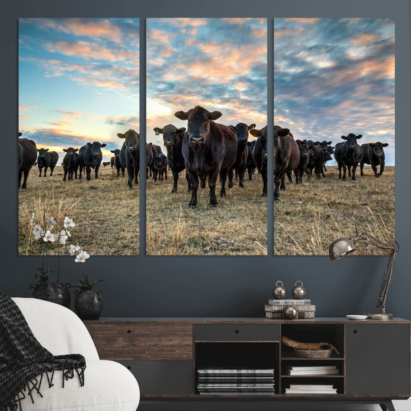 13867292-MGV-CV-36X24-Black Cattle Wall Art – Rustic Ranch Herd Canvas Print, Western Farmhouse Country Landscape Decor for Living Room, Office, or