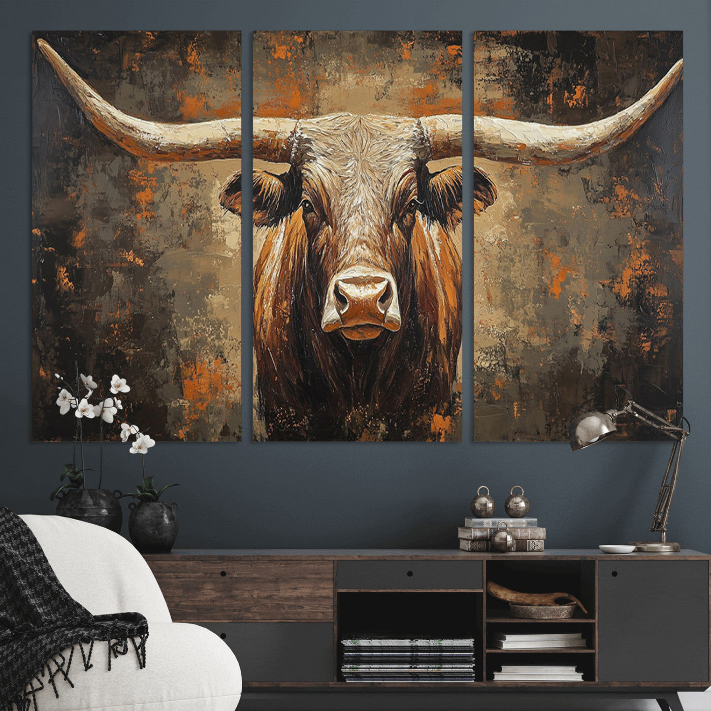 19204445-MGV-CV-36X24-Texas Longhorn Bull Wall Art – Rustic Western Canvas Print, Bold Cowboy Cattle Painting for Ranch House, Farmhouse, Office, or