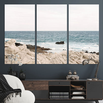 25481980-MGV-CV-36X24-Ocean Coastal Wall Art – Rocky Shoreline and Waves Canvas Print, Serene Beach Landscape Decor for Living Room, Bedroom, or Office