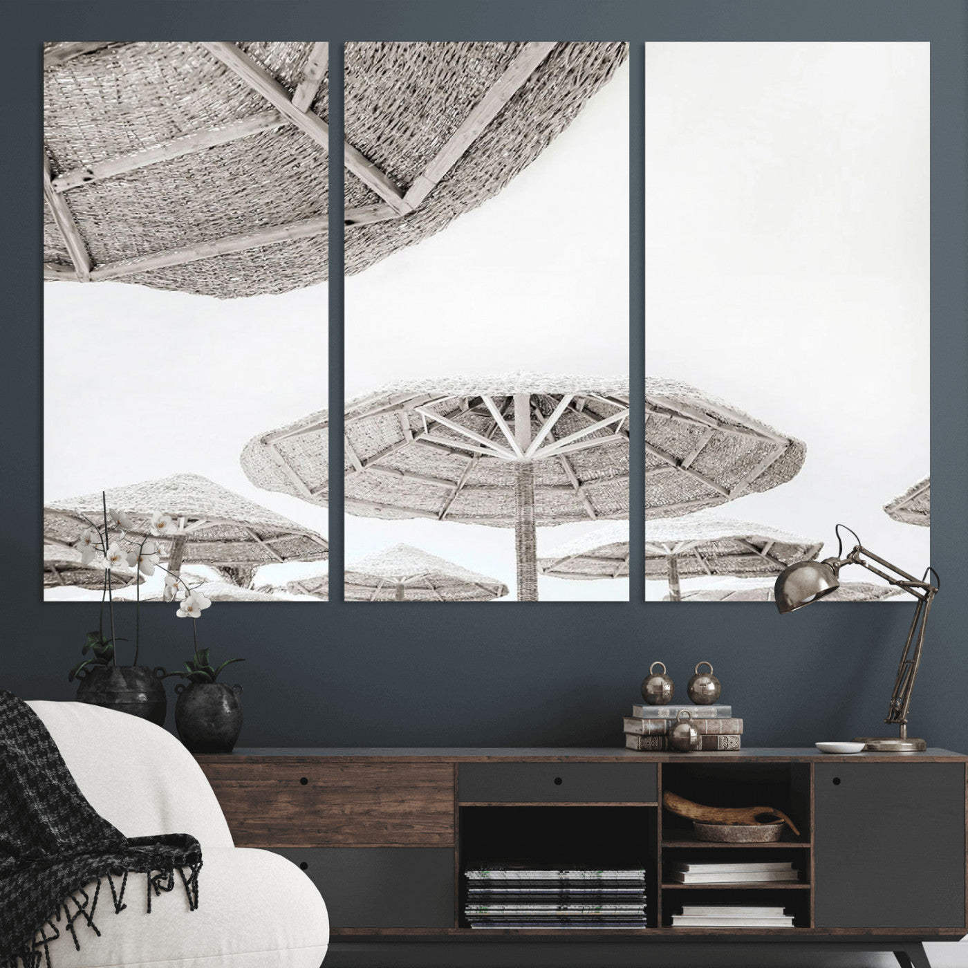 97043123-MGV-CV-36X24-Beach Umbrella Wall Art – Minimalist Coastal Canvas Print, Woven Parasol Summer Decor for Bedroom, Living Room, or Modern Beach