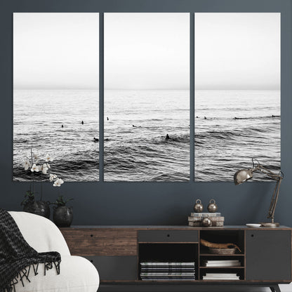 47208268-MGV-CV-36X24-Surfer Ocean Wall Art – Black and White Coastal Canvas Print, Minimalist Surfing Seascape Decor for Living Room, Bedroom, or Beach