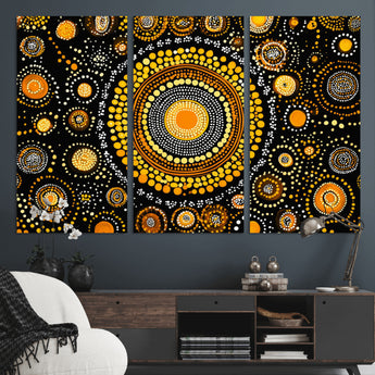 45478523-MGV-CV-36X24-Abstract Circle Wall Art – Bold Black and Gold Dot Painting Canvas Print, Modern Geometric Mandala Style Decor for Living Room or