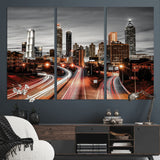 59097239-MGV-CV-36X24-City Skyline Wall Art – Modern Black and White Night Canvas Print with Red Light Trails, Urban Landscape Decor for Living Room or