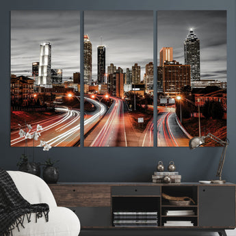 59097239-MGV-CV-36X24-City Skyline Wall Art – Modern Black and White Night Canvas Print with Red Light Trails, Urban Landscape Decor for Living Room or