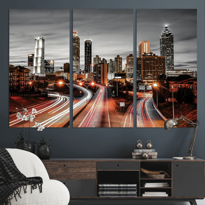 59097239-MGV-CV-36X24-City Skyline Wall Art – Modern Black and White Night Canvas Print with Red Light Trails, Urban Landscape Decor for Living Room or