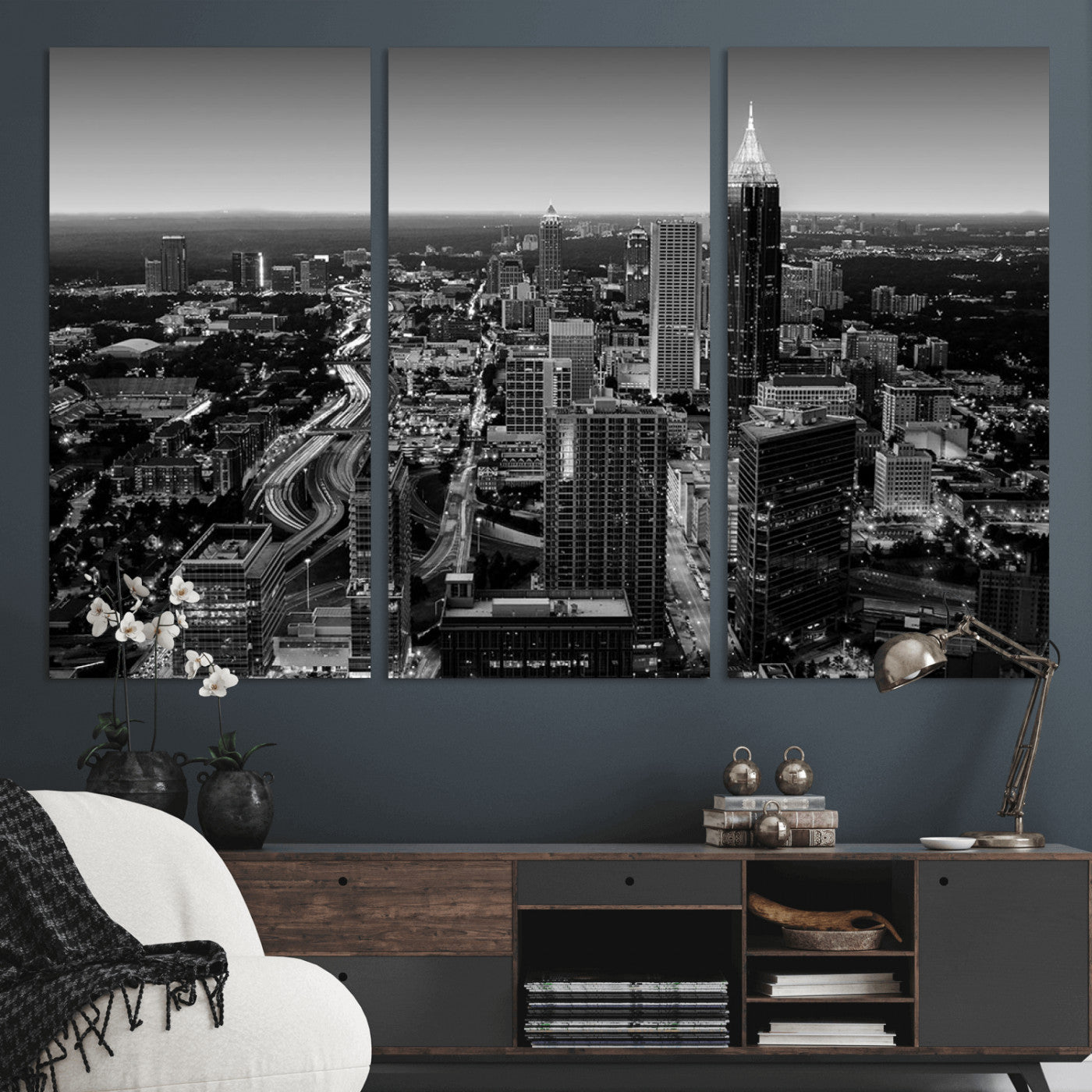 46578567-MGV-CV-36X24-Atlanta Skyline Wall Art – Black and White Cityscape Canvas Print, Modern Urban Night Decor for Office, Living Room, or Apartment