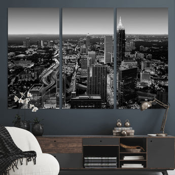 46578567-MGV-CV-36X24-Atlanta Skyline Wall Art – Black and White Cityscape Canvas Print, Modern Urban Night Decor for Office, Living Room, or Apartment