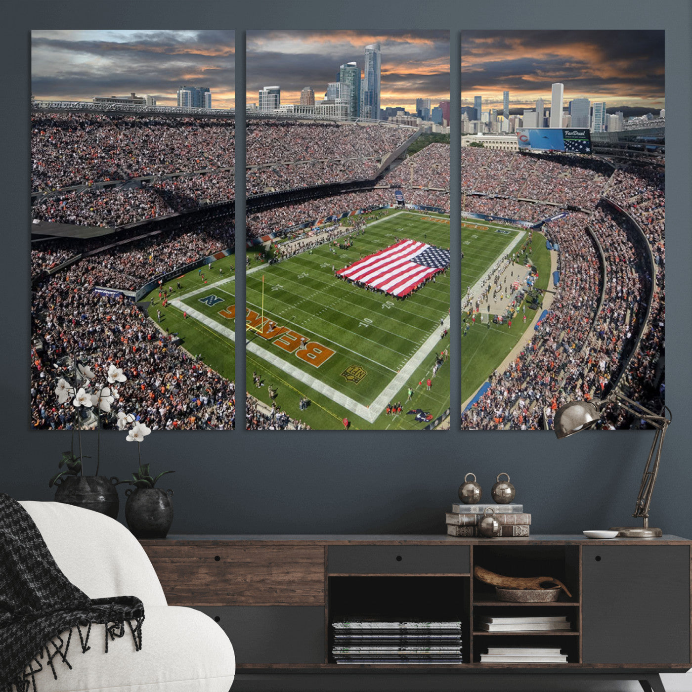 98106777-MGV-CV-36X24-Soldier Field Wall Art – Chicago Bears Stadium Canvas Print with American Flag, Game Day Football Decor for Man Cave, Bar, or