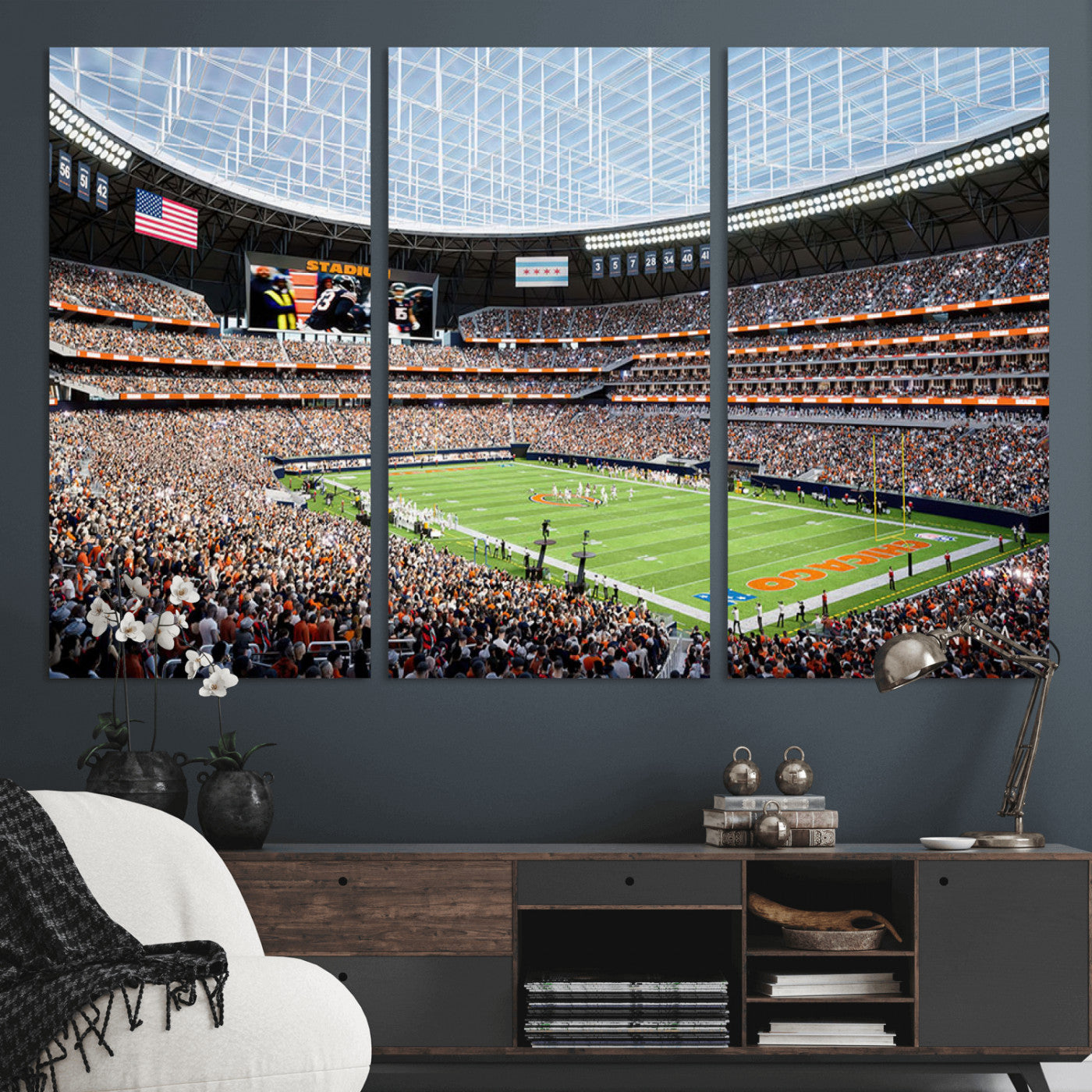 32530647-MGV-CV-36X24-Chicago Bears Stadium Wall Art – Futuristic Dome Arena Canvas Print, Modern Football Concept Design Decor for Man Cave, Bar, or
